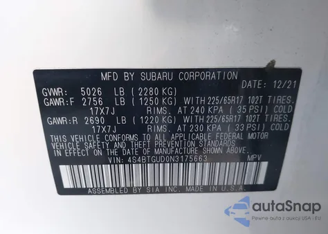 2022 Subaru Outback Wilderness from USA, damaged, VIN 4S4BTGUD0N3175663